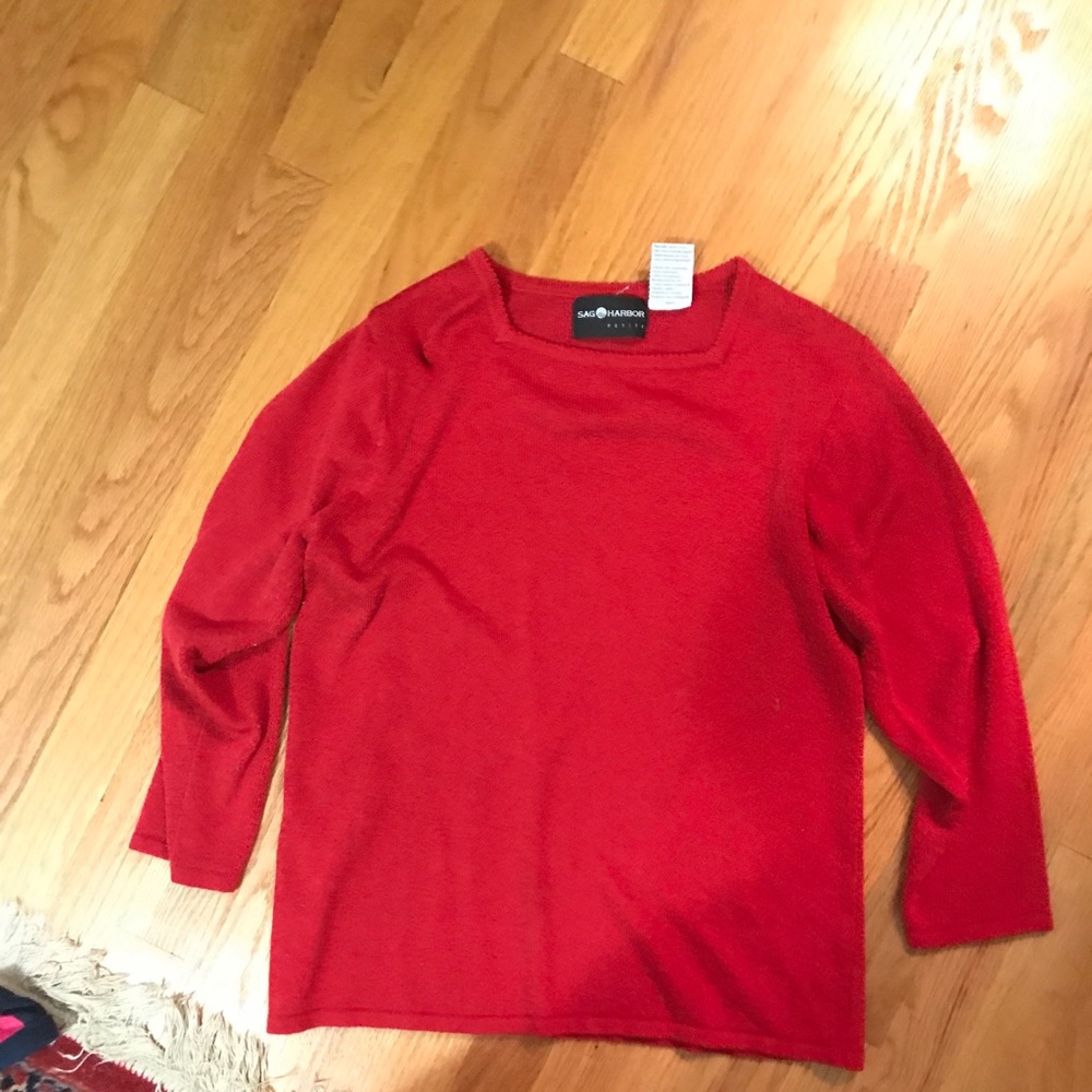 red sweater with box neckline